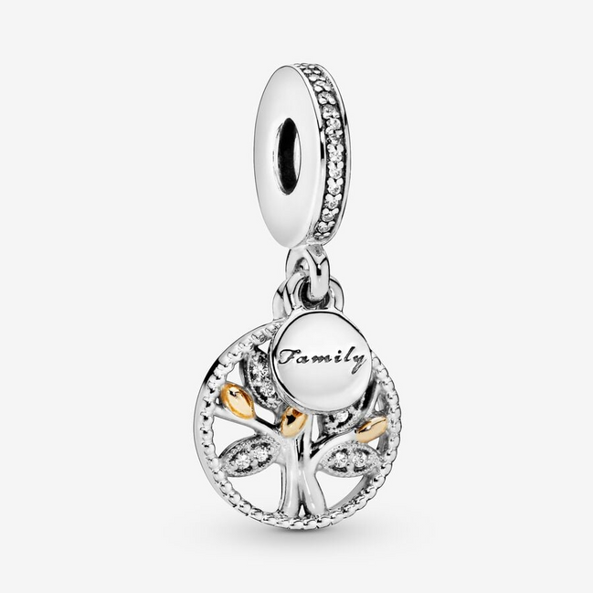 Pandora Moments Silver And 14K Gold Family Tree Double Dangle Charm
