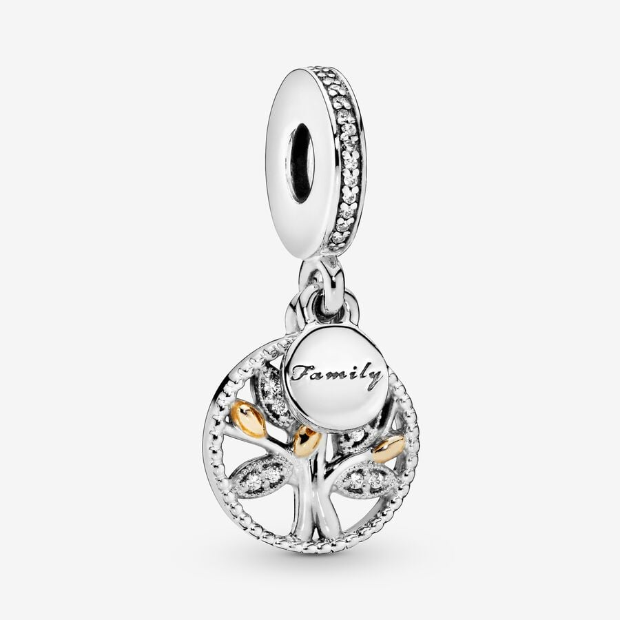 Pandora Moments Silver And 14K Gold Family Tree Double Dangle Charm