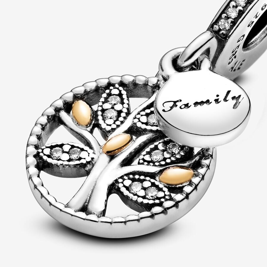 Pandora Moments Silver And 14K Gold Family Tree Double Dangle Charm