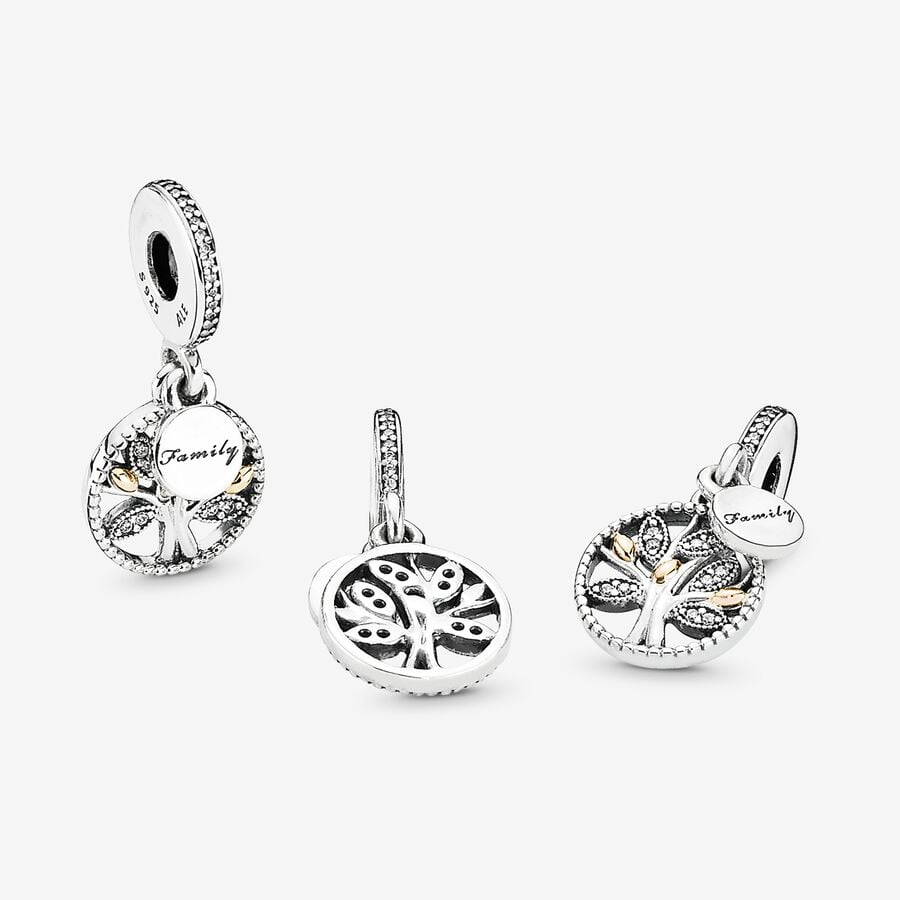 Pandora Moments Silver And 14K Gold Family Tree Double Dangle Charm