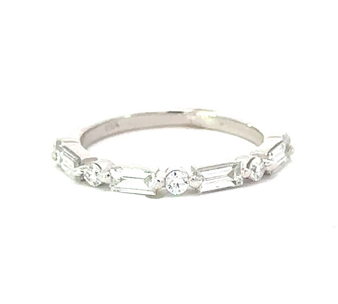14K White Gold .16 CT Round.39 CT Baguette Diamond Band