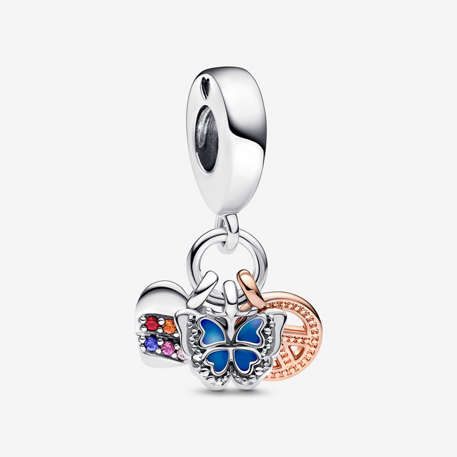 Pandora Moments Two-Tone Rainbow Heart, Butterfly & Peace Triple Dangle Charm