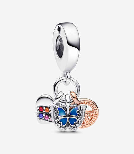 Pandora Moments Two-Tone Rainbow Heart, Butterfly & Peace Triple Dangle Charm