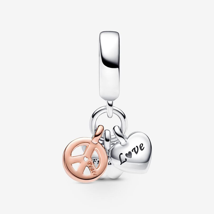 Pandora Moments Two-Tone Rainbow Heart, Butterfly & Peace Triple Dangle Charm