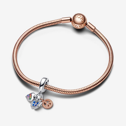 Pandora Moments Two-Tone Rainbow Heart, Butterfly & Peace Triple Dangle Charm