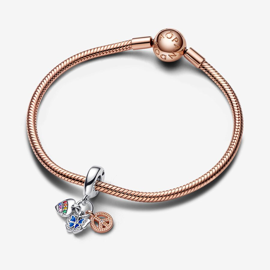 Pandora Moments Two-Tone Rainbow Heart, Butterfly & Peace Triple Dangle Charm