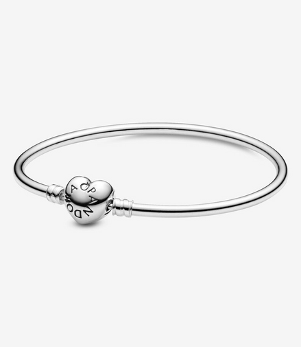 Pandora Moments Silver Heart Clasp Charm Bangle Bracelet Size 17