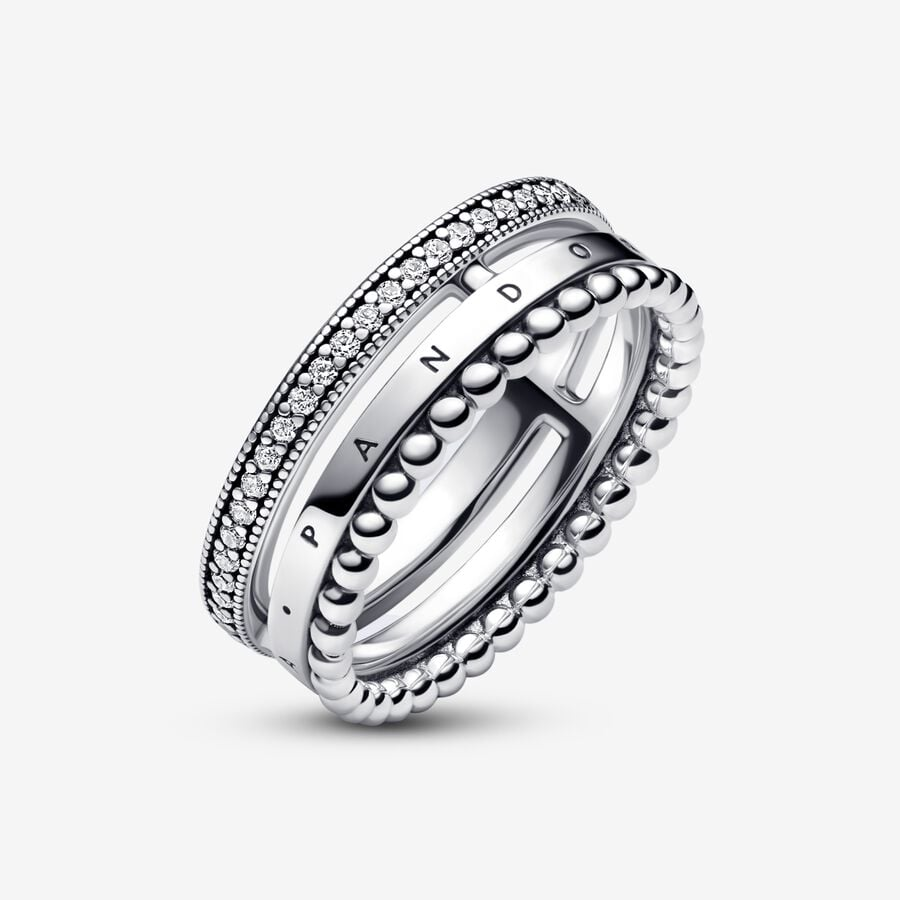 Pandora Signature Logo Pavé & Beads Ring Size 8.5