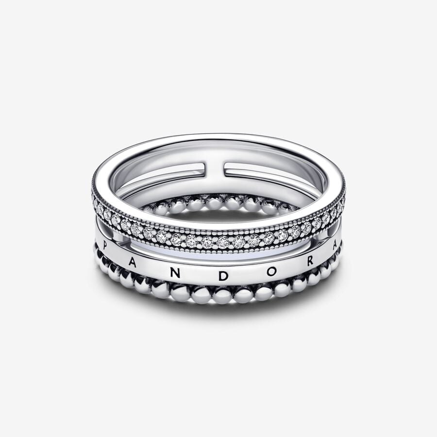 Pandora Signature Logo Pavé & Beads Ring Size 8.5