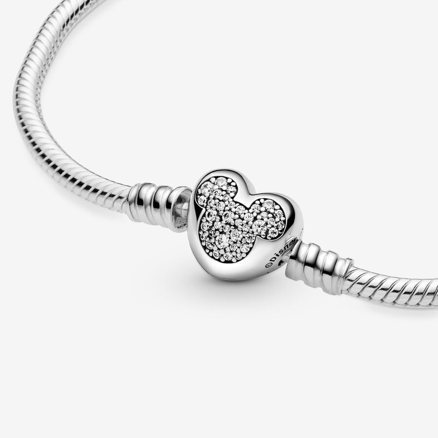 Pandora Disney Mickey Mouse Heart Clasp Snake Chain Bracelet Size 18