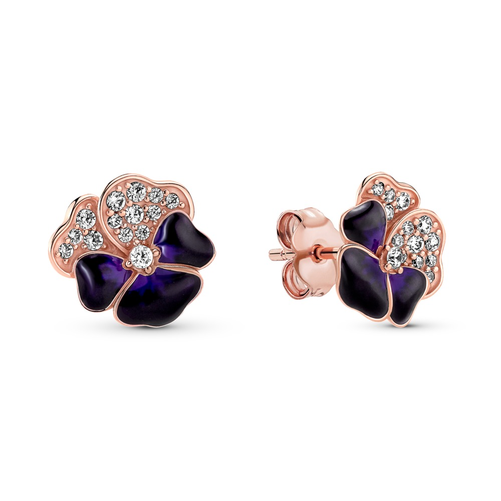 Pandora Moments Rose And Deep Purple Pansy Flower Stud Earrings