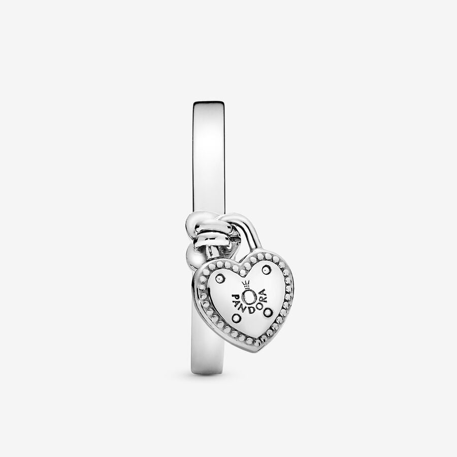 Pandora Moments Love Lock Heart Shaped Padlock Ring Size 7.5