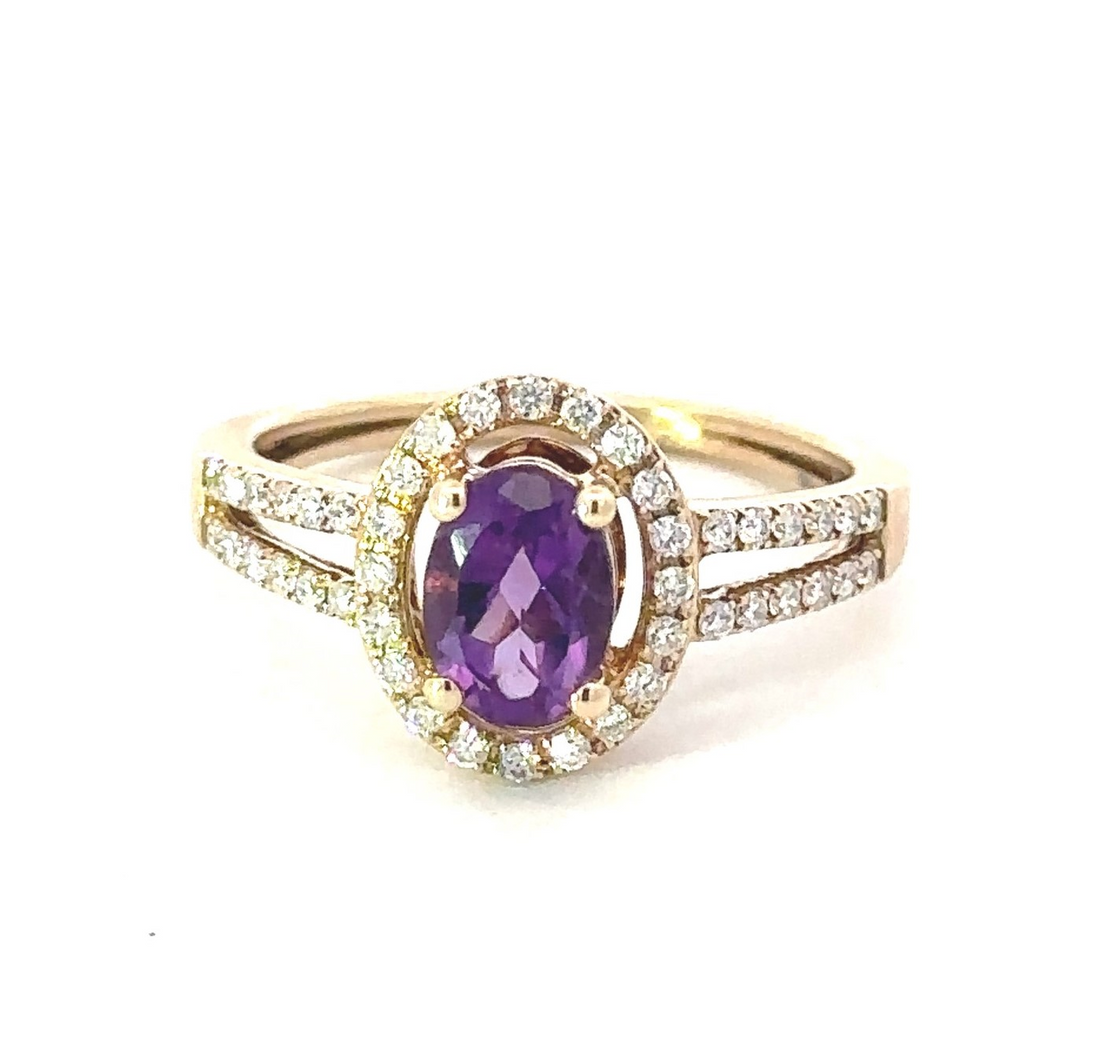14K Yellow Gold Oval Cut Amethyst And Diamond Ring