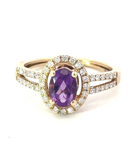 14K Yellow Gold Oval Cut Amethyst And Diamond Ring