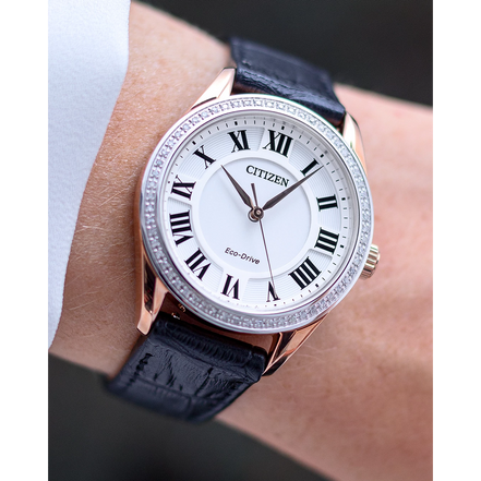 Ladies' Citizen Eco-Drive Arezzo Diamond Black Leather Strap Watch