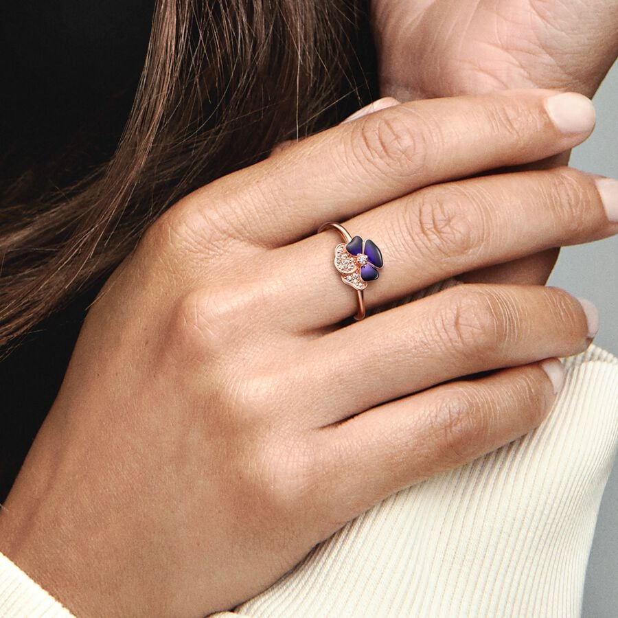 Pandora Moments Deep Purple Pansy Flower Ring Size 7.5