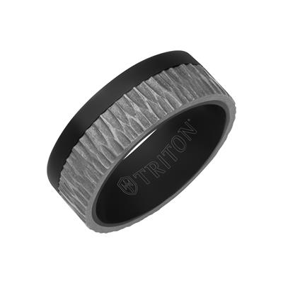 Triton Black Tantalum Ring Brushed Grey Asymmetrical Inlay and Flat Edge Size 10