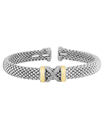 Phillip Gavriel Silver And 18K Gold Diamond Popcorn X Cuff Bangle Bracelet