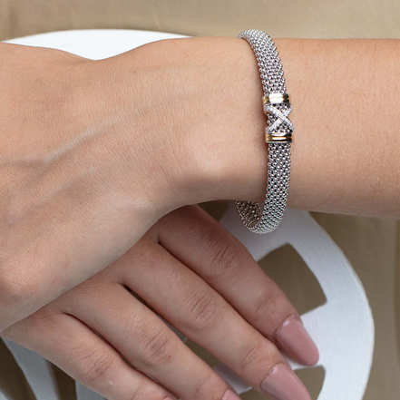 Phillip Gavriel Silver And 18K Gold Diamond Popcorn X Cuff Bangle Bracelet