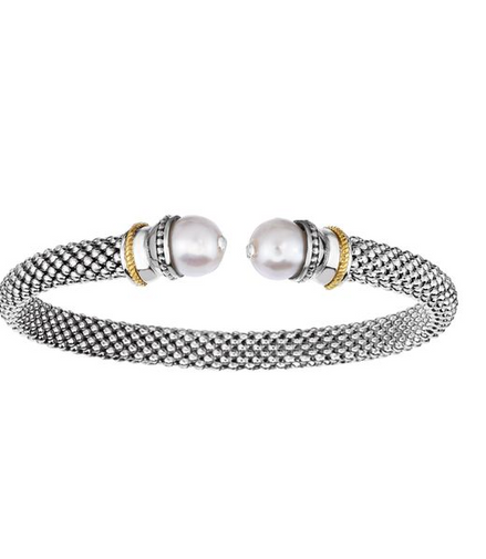 Phillip Gavriel Silver And 18K Gold  Fresh Water Pearl Popcorn Open Cuff Bangle Bracelet
