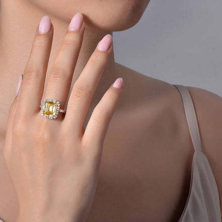 Lafonn 6.41 CTW Simulted Diamond And Fancy Yellow Emerald-Cut Halo Engagement Ring Size 7