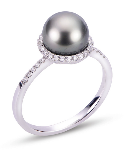 Imperial Pearl 14K Gold Tahitian Pearl And 0.18 CTW Daimond Halo Ring
