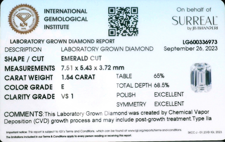 1.54 Ctw E VS1 Emerald-Cut Lab Grown Diamond