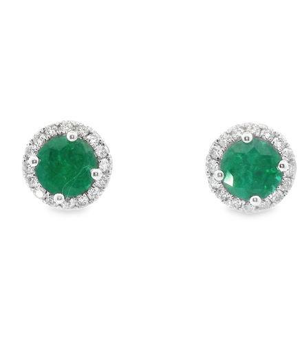 Ladies 14K White Gold Emerald And Diamond Round Earrings