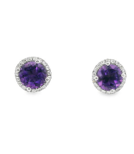 14K White Gold Diamond And Amethyst Halo Earrings
