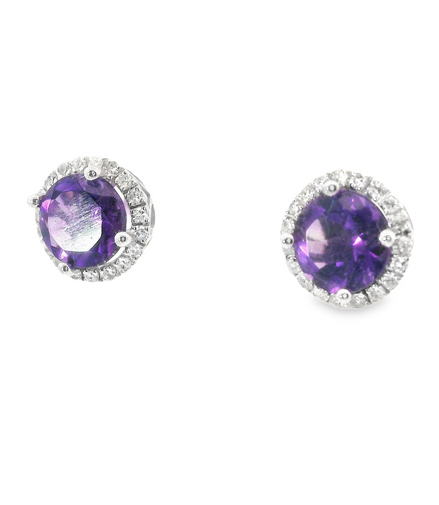 14K White Gold Diamond And Amethyst Halo Earrings