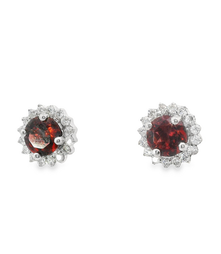 Ladies 14K White Gold Garnet And Diamond Round Earrings