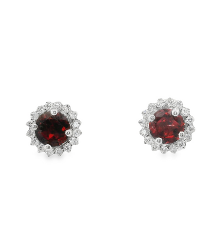 Ladies 14K White Gold Garnet And Diamond Round Earrings