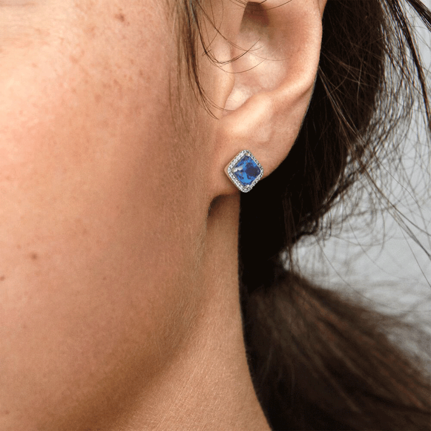Pandora Timeless Blue Square Sparkle Halo Stud Earrings