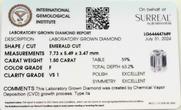 1.50 Emerald Cut Lab Grown Diamond F / Vs1 Igi
