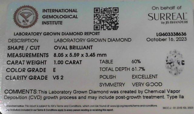 1.0 Ctw Lab Grown Oval Cut Diamond E Vs2