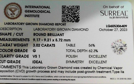 3.02 Ctw Lab Grown Brilliant Cut Diamond G Vs1