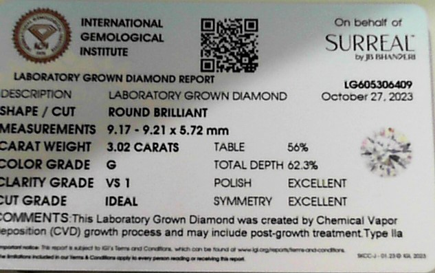 3.02 Ctw Lab Grown Brilliant Cut Diamond G Vs1