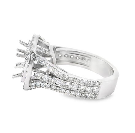 14K White Gold 1.54Ctw Double Halo 3 Row Shank Diamond Engagement Ring