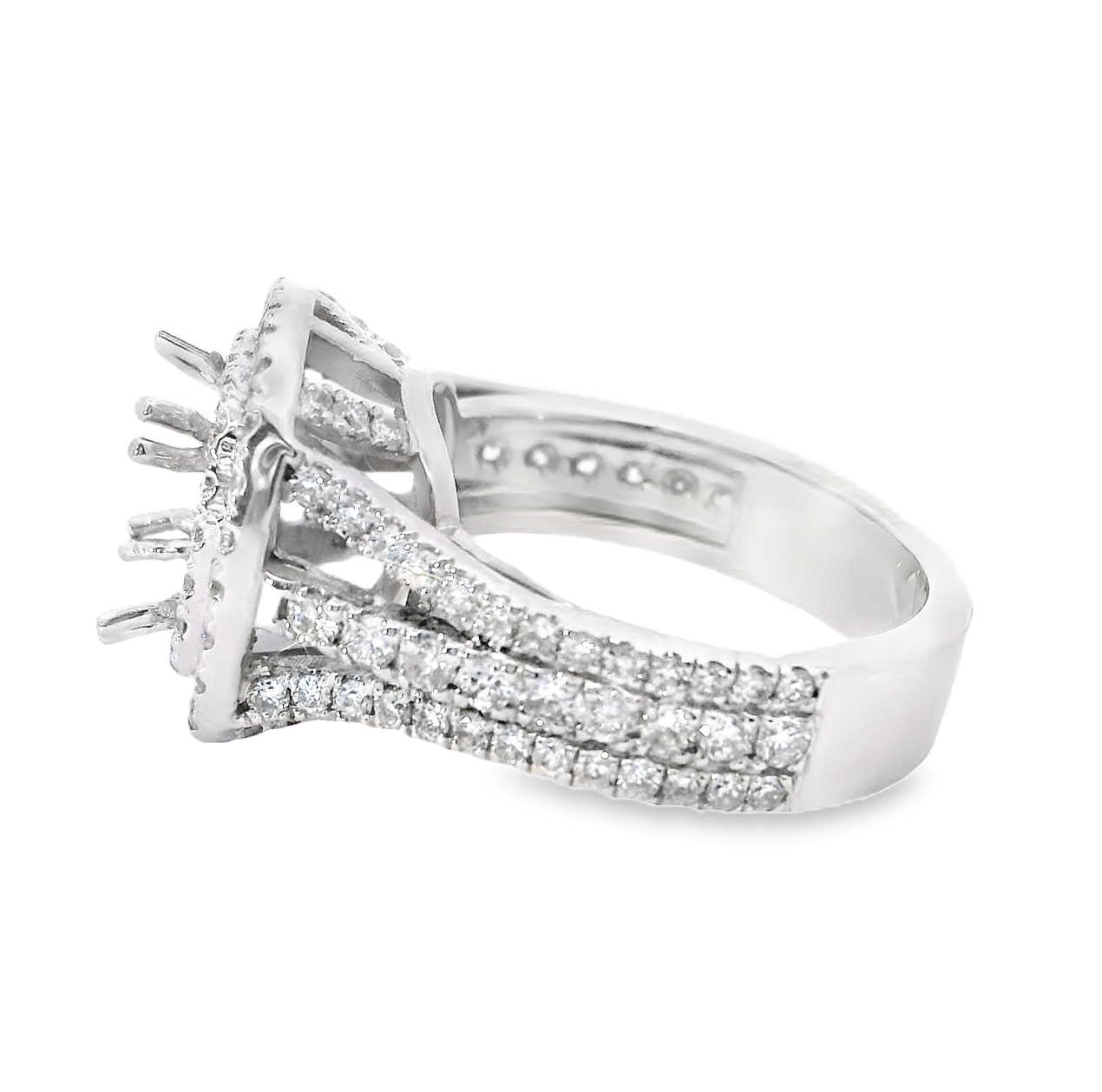 14K White Gold 1.54Ctw Double Halo 3 Row Shank Diamond Engagement Ring