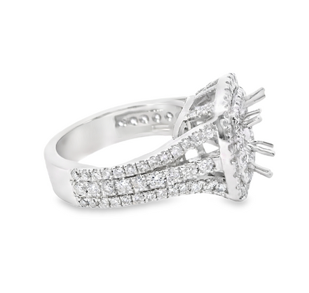 14K White Gold 1.54Ctw Double Halo 3 Row Shank Diamond Engagement Ring