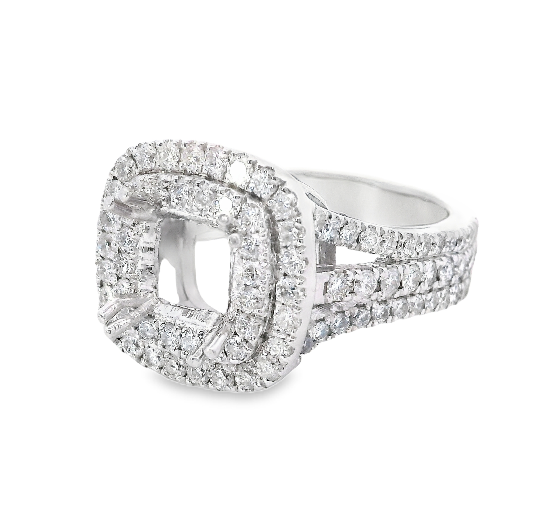 14K White Gold 1.54Ctw Double Halo 3 Row Shank Diamond Engagement Ring