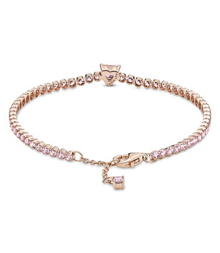 Pandora Timeless Pink Sparkling Heart Tennis Bracelet Size 18
