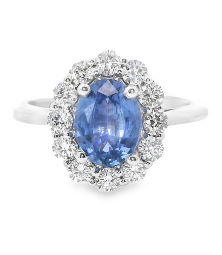 14K White Gold Oval Sapphire And Diamond Fashion Ring