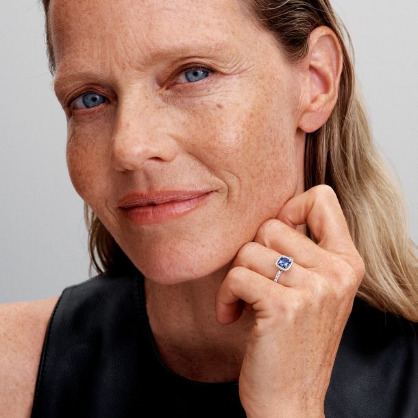 Pandora Timeless Sparkling Square Blue Halo Ring Size 6