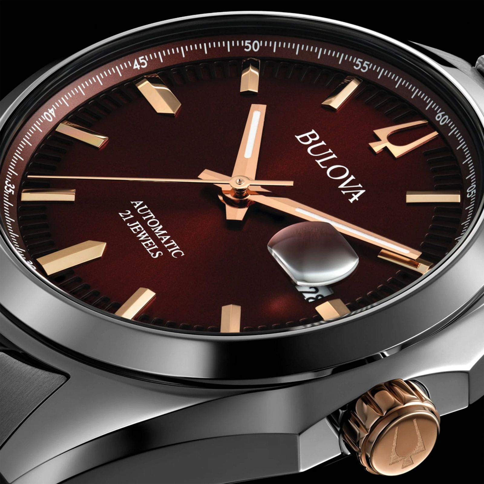 Bulova Men's Surveyor Automatic Burgundy Dial Stainless Steel Watch