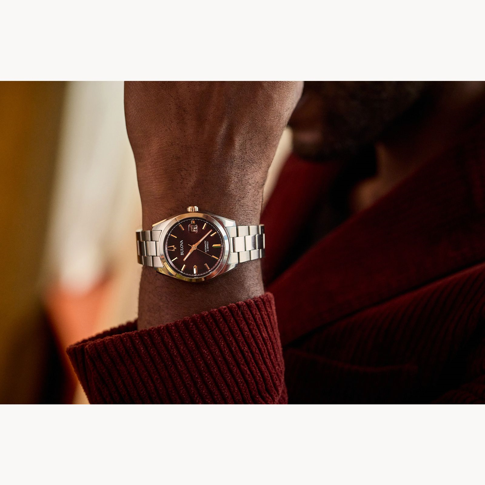 Bulova Men's Surveyor Automatic Burgundy Dial Stainless Steel Watch