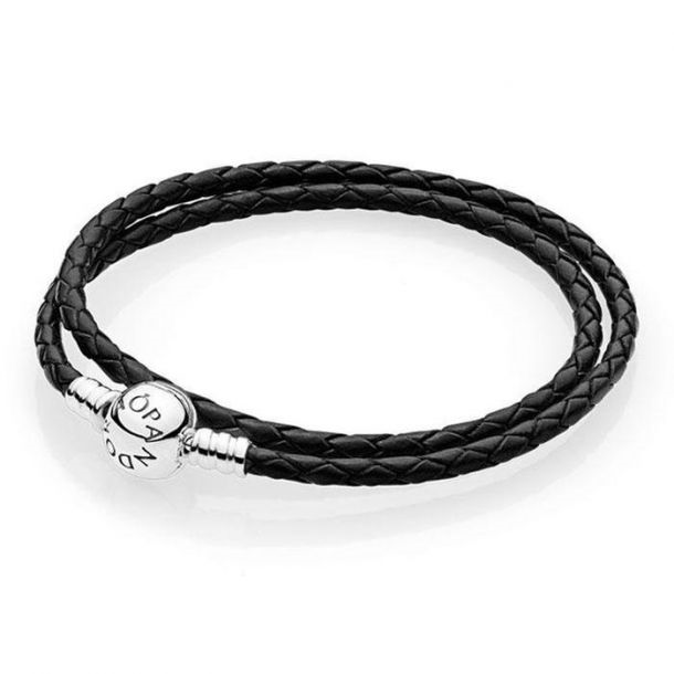 Pandora Moments Black Braided Double-Leather Charm Bracelet Size D2