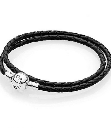 Pandora Moments Black Braided Double-Leather Charm Bracelet Size D2