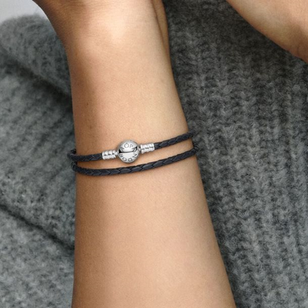 Pandora Moments Black Braided Double-Leather Charm Bracelet Size D2
