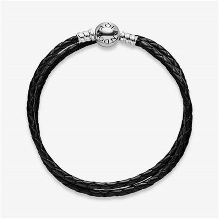 Pandora Moments Black Braided Double-Leather Charm Bracelet Size D2
